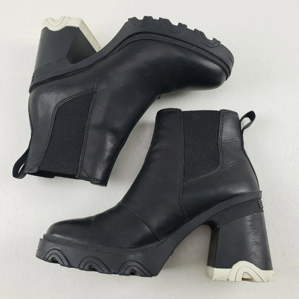 Sorel Brex Chelsea Ankle Boot Womens 8 Black Leather Pull On Waterproof Block - Picture 7 of 13